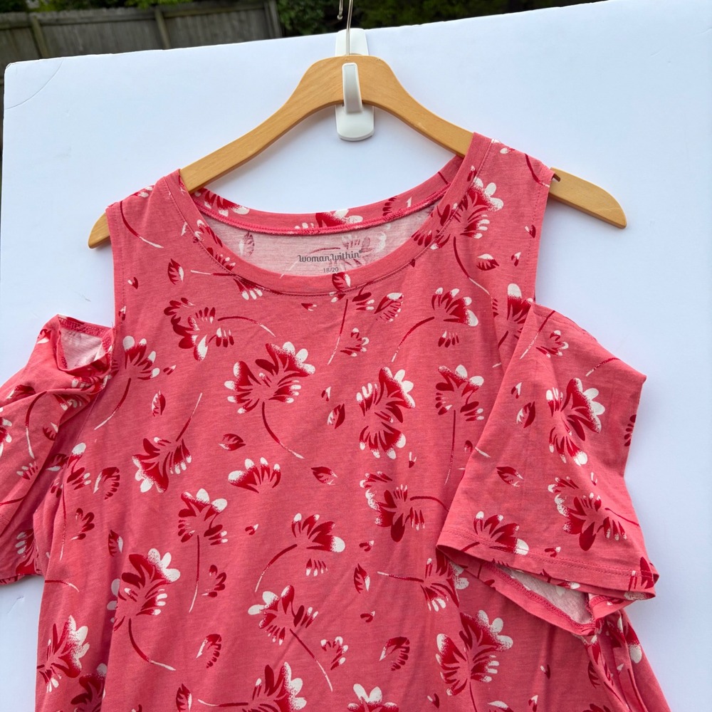 Woman Within Coral Floral Cold Shoulder Top Short Sleeve Tunic 18/20 L